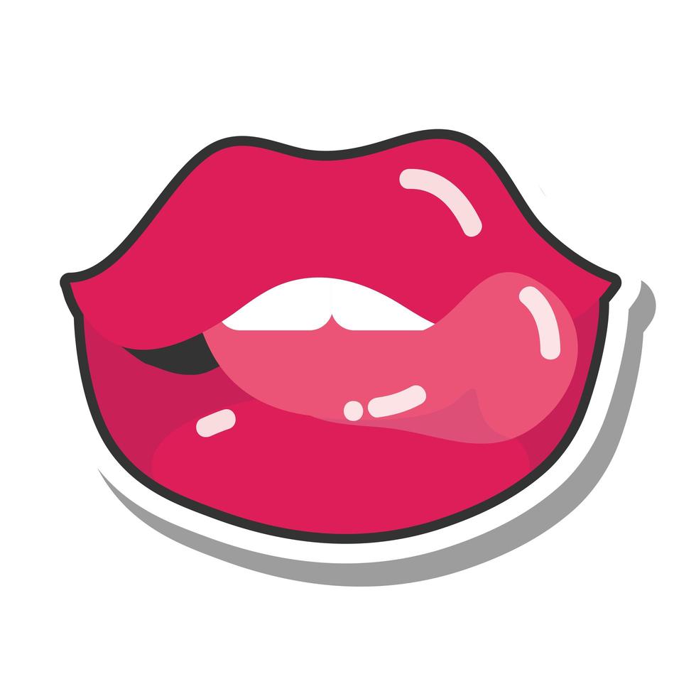 boca y labios de arte pop labios sexy y punta de la línea de la lengua e icono de relleno vector