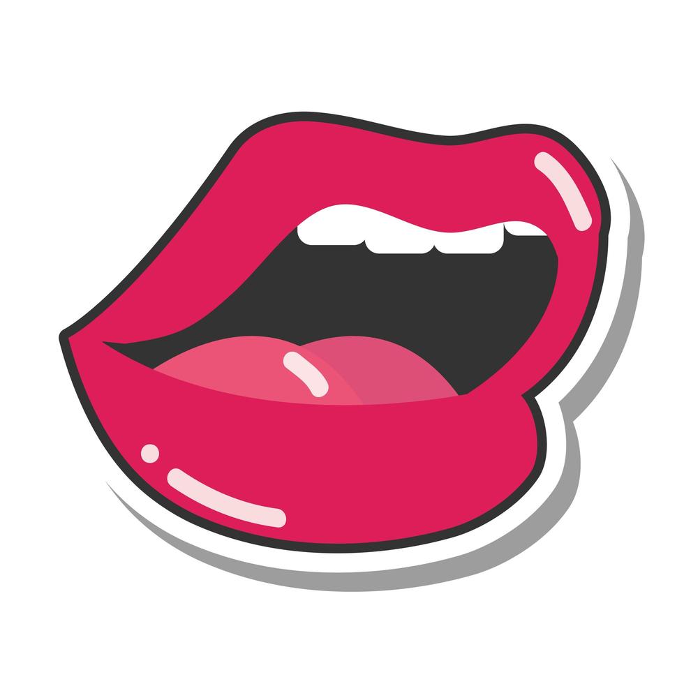 pop art mouth and lips open sexy wet red lips with teeth line and fill icon vector