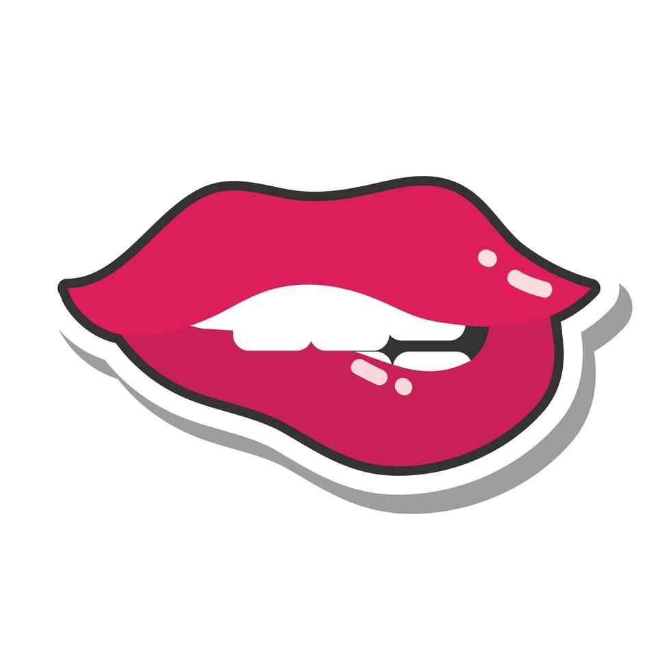 pop art mouth and lips biting her red lips line and fill icon vector