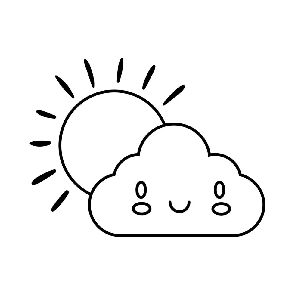 Nube con estilo de línea de carácter cómico kawaii de sol vector