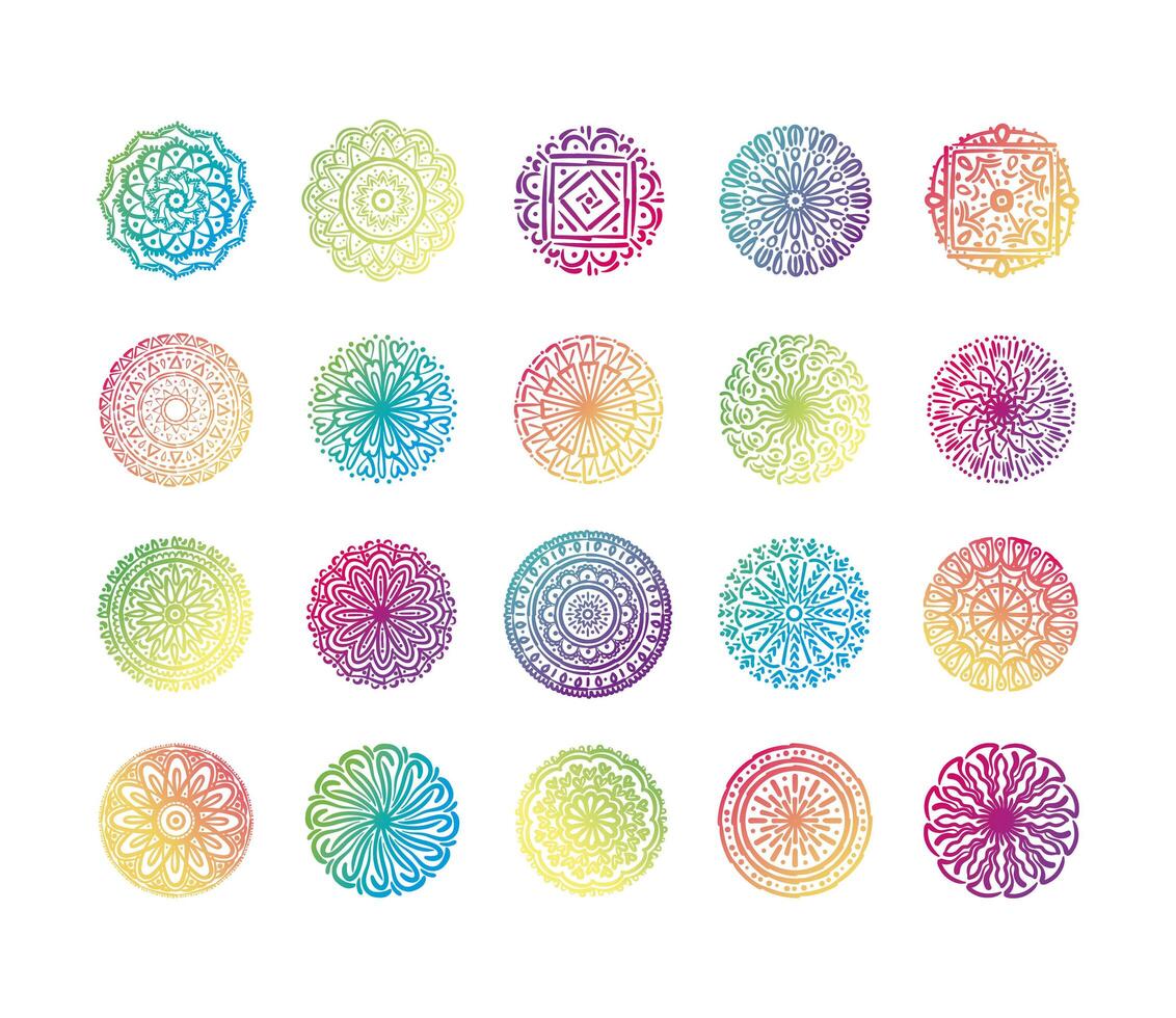 Paquete de veinte mandalas coloridos set iconos de colección vector