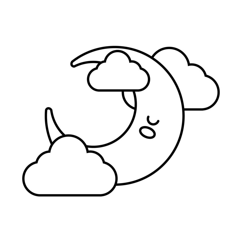 happy crescent moon with clouds kawaii character line style vector