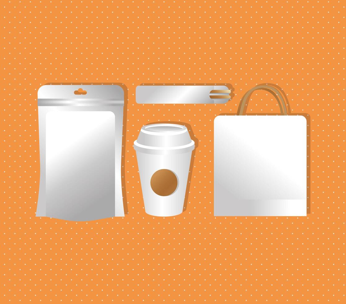 maqueta de bolsas de papel con taza y palillos estilo degradado vector