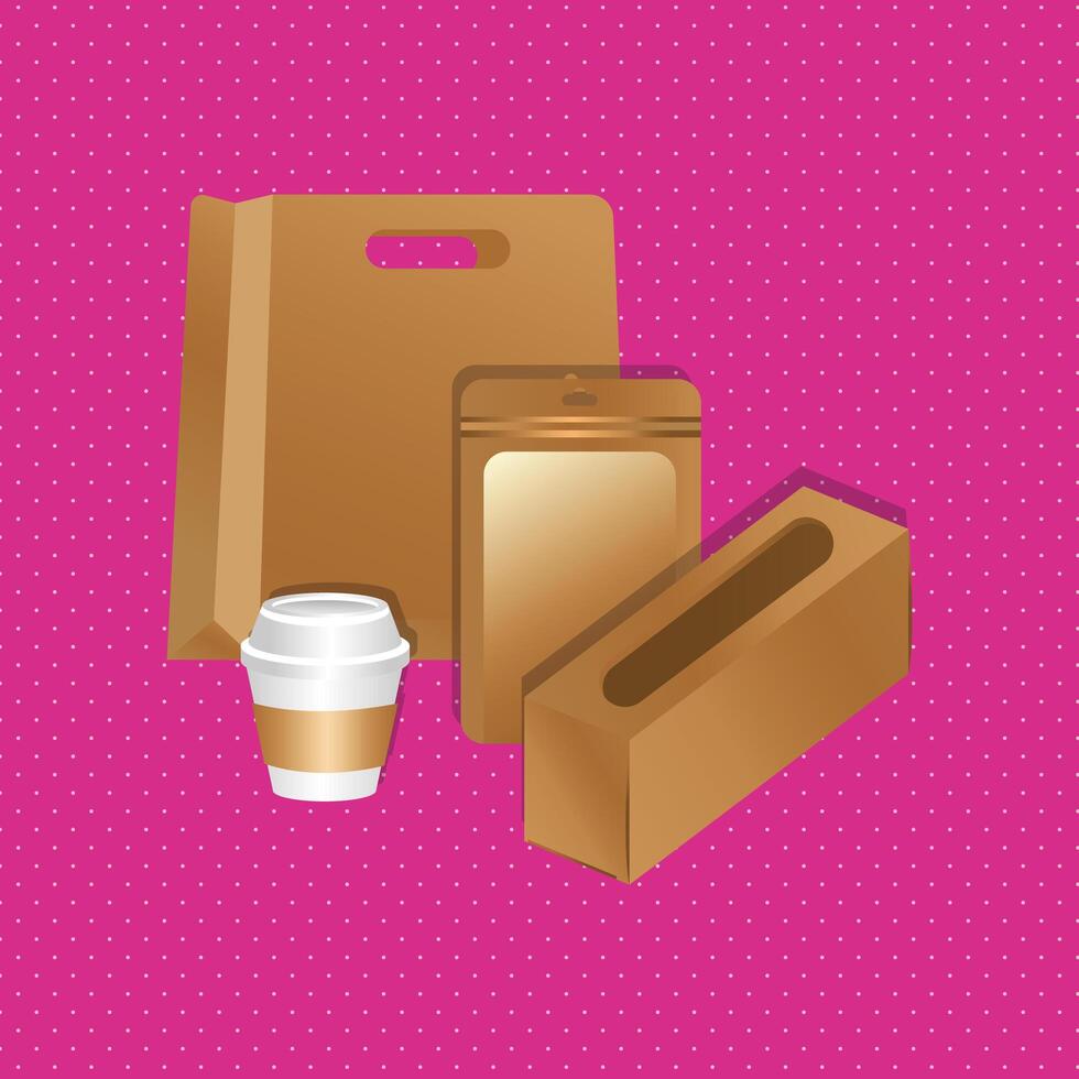 mockup paper napkin holder and bags with cup gradient style vector