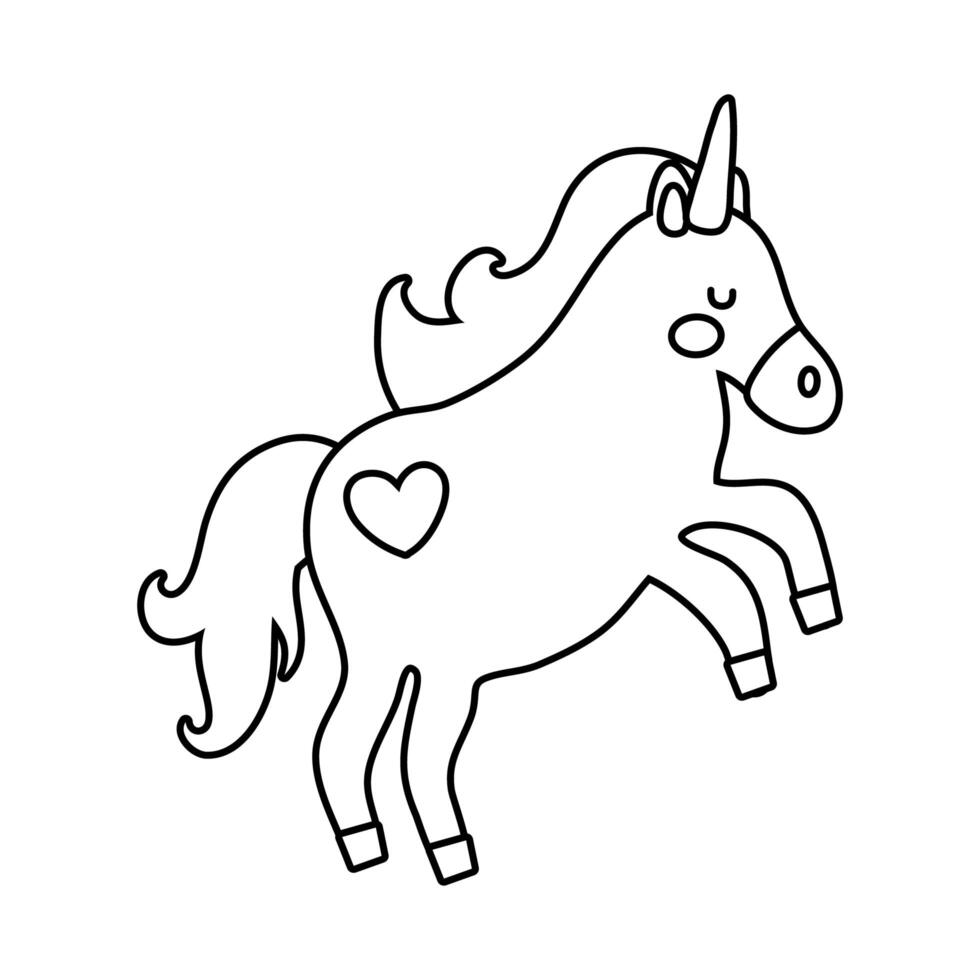 lindo unicornio con tatuaje de corazón icono de estilo de línea de caballo mágico vector