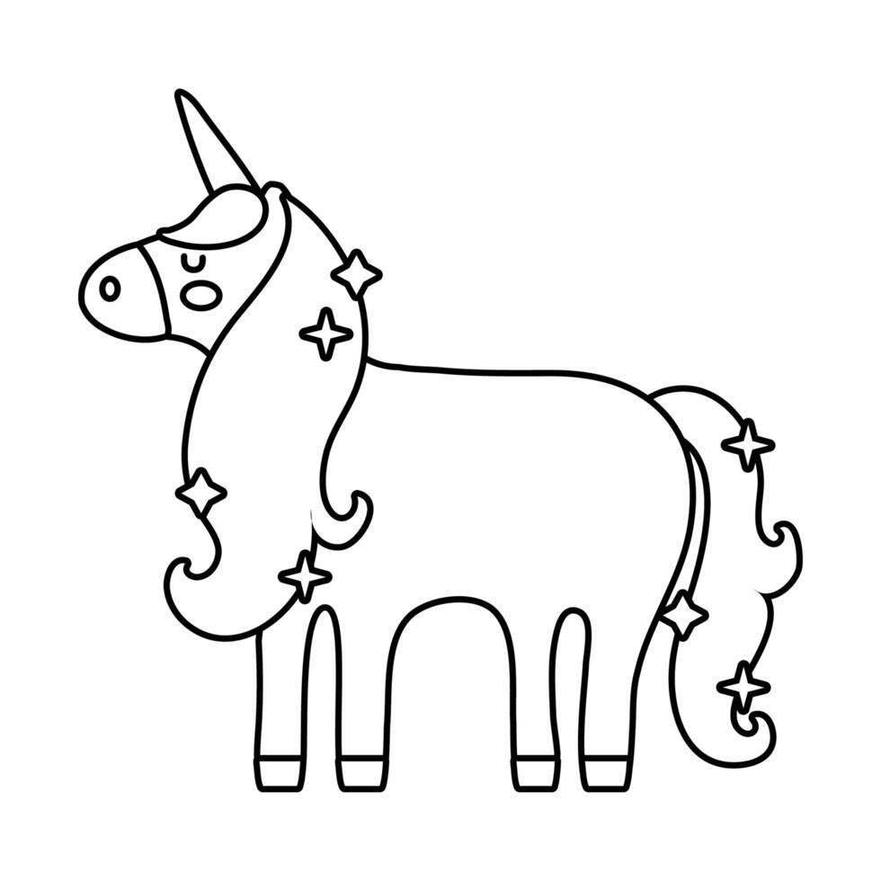 lindo unicornio con estrellas icono de estilo de línea de caballo mágico vector