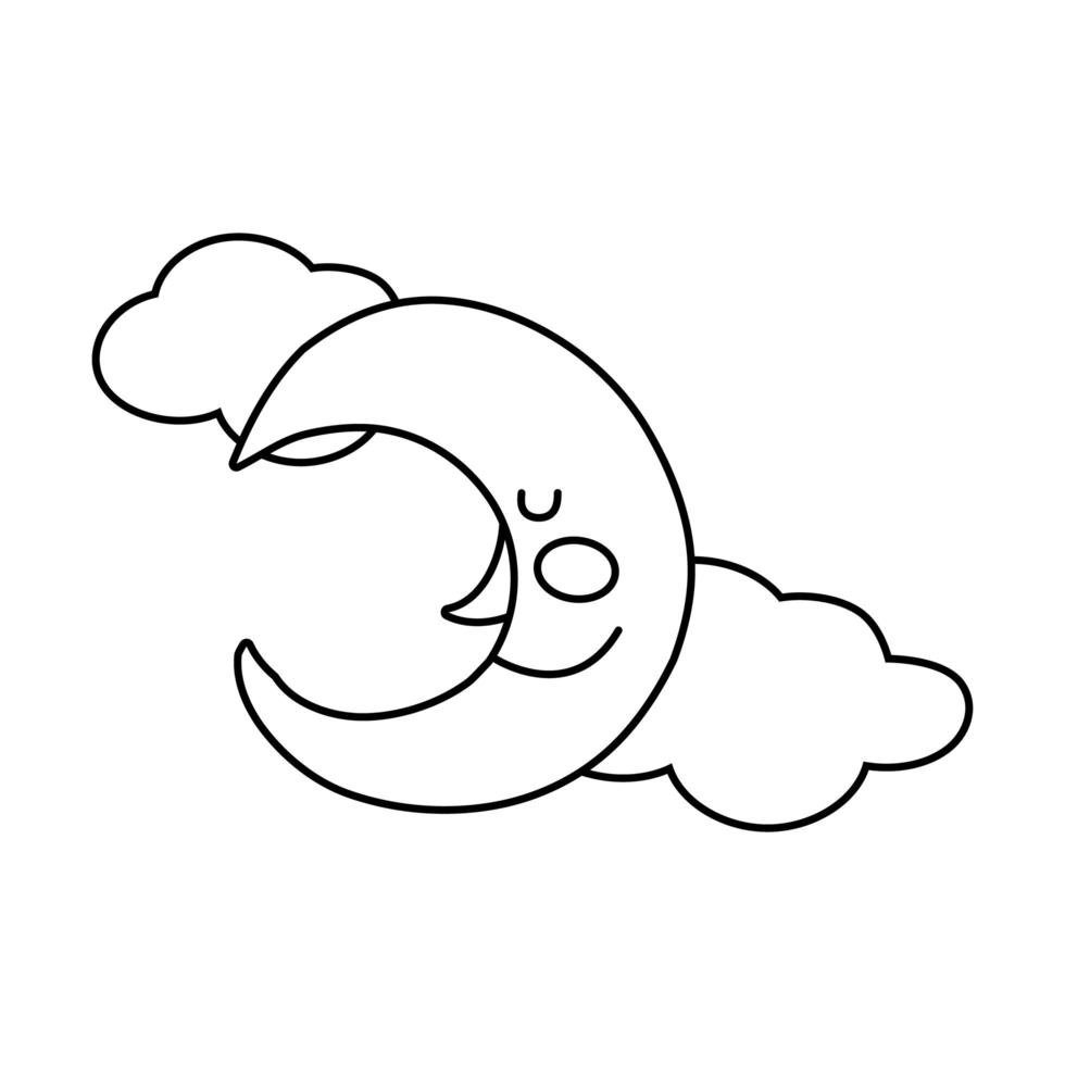 icono de estilo de línea de personaje de luna y nubes vector