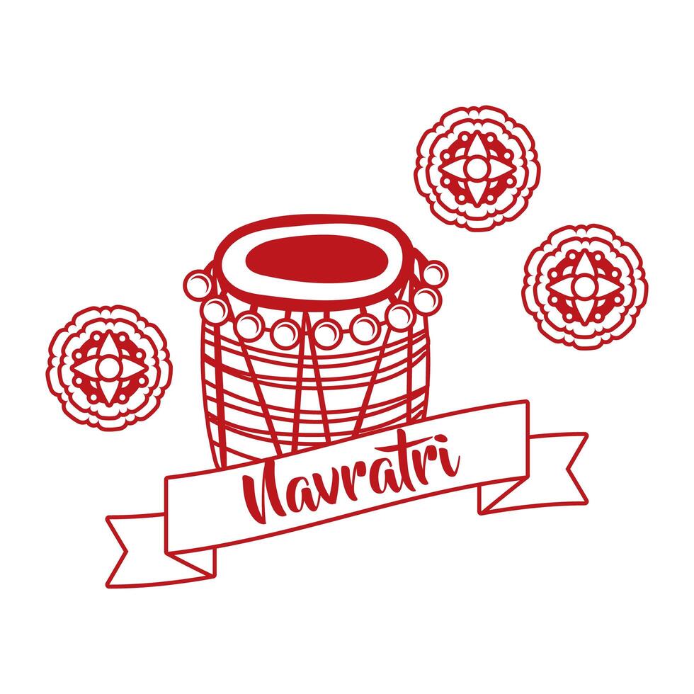 happy navratri celebration with laces and drum decorative line style vector