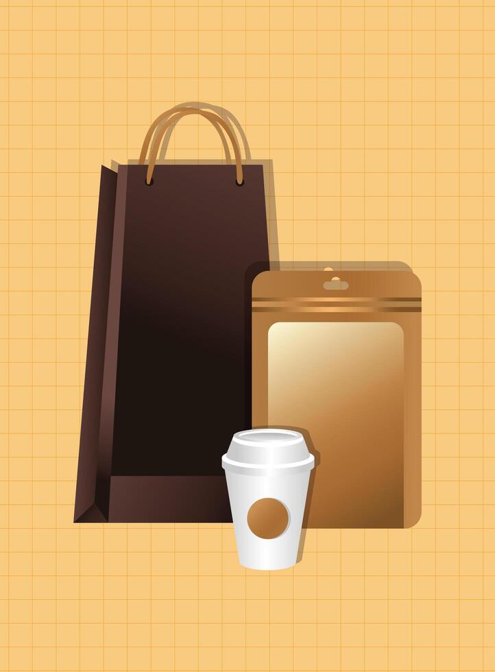 mockup paper bags and cups gradient style vector