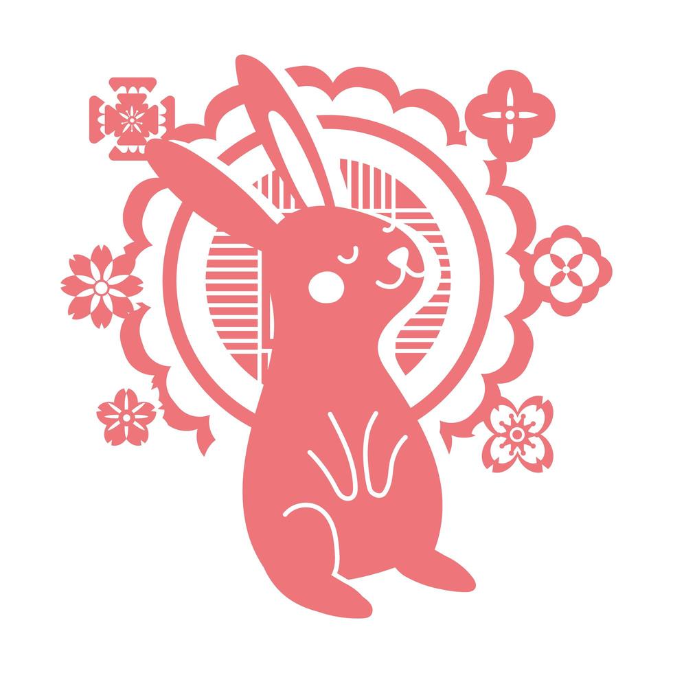 tarjeta del festival del medio otoño con icono de estilo de línea de conejo y encaje vector