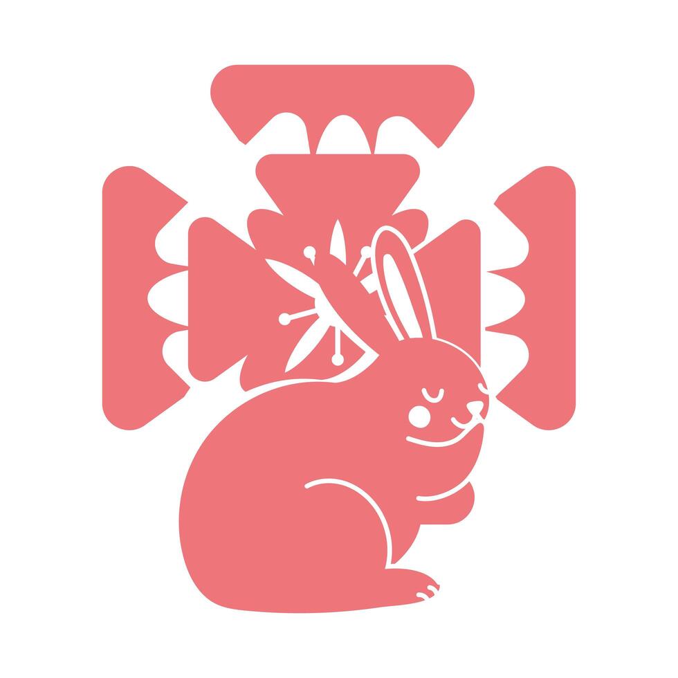 mid autumn festival card with rabbit and flower line style icon vector