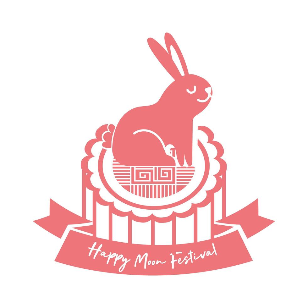 mid autumn festival card with rabbit in seal line style icon vector