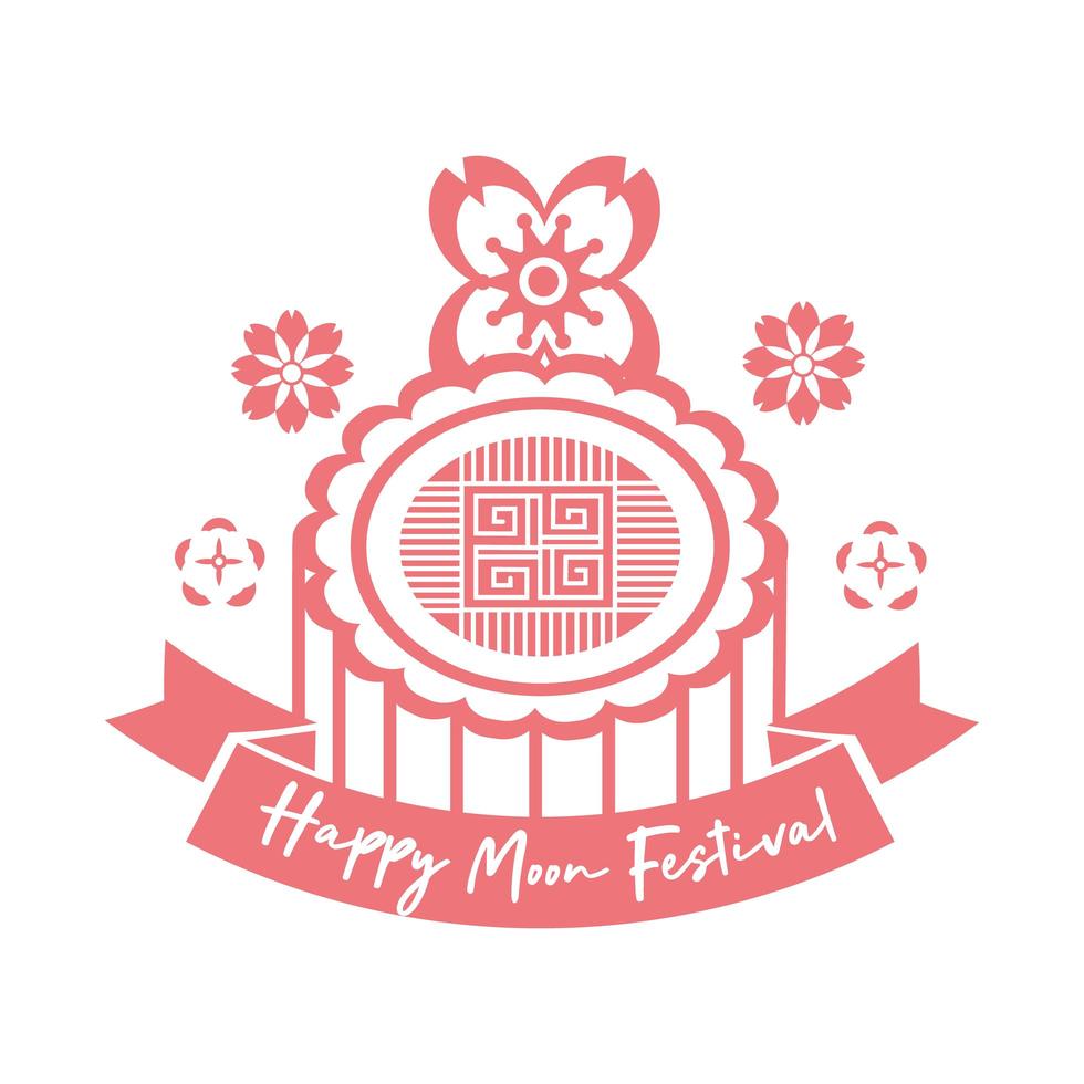 mid autumn festival card with seal lace and flowers line style icon vector