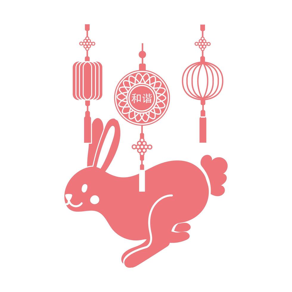 mid autumn festival card with rabbit and lace hanging line style icon vector