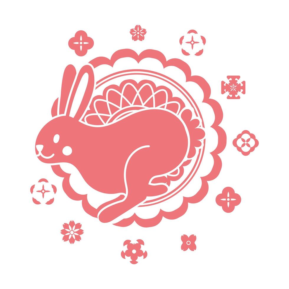 mid autumn festival card with rabbit and lace line style icon vector