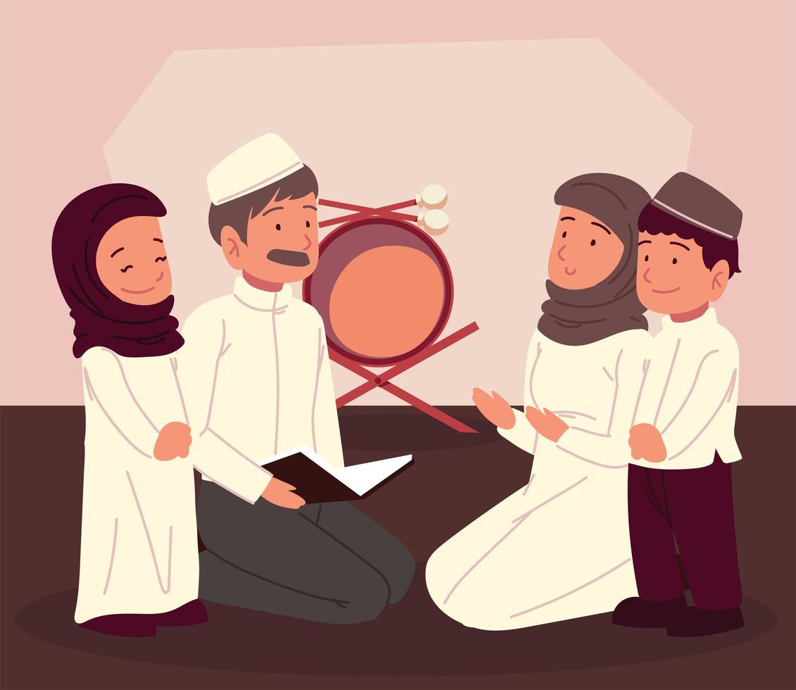 arabian family studying quran vector