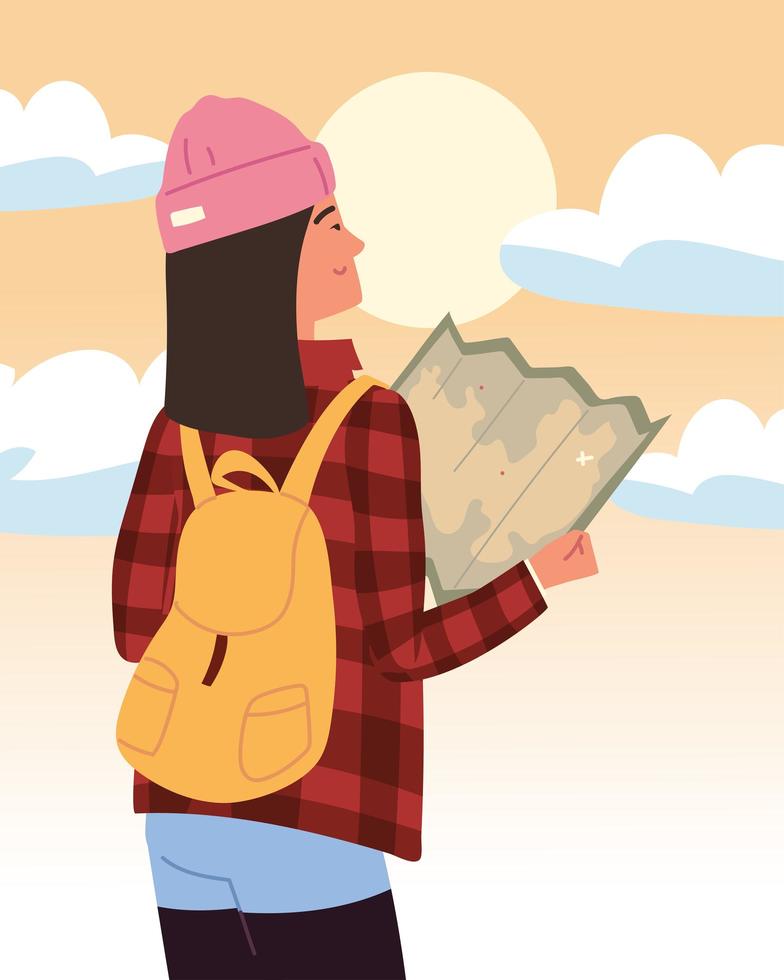 hiker woman with map vector