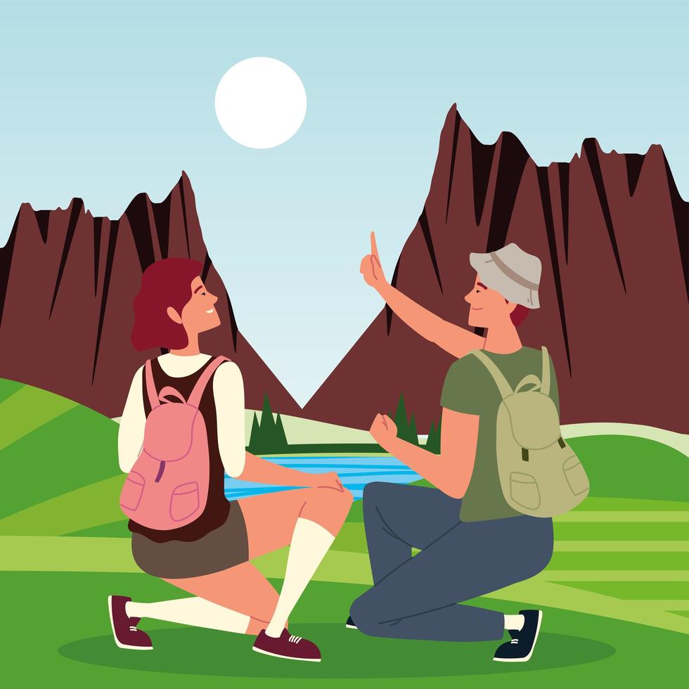 couple tourists with bags vector