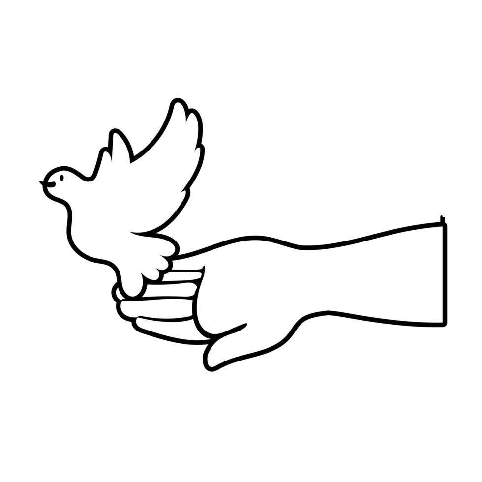 hand lifting dove bird flying peace line style icon vector