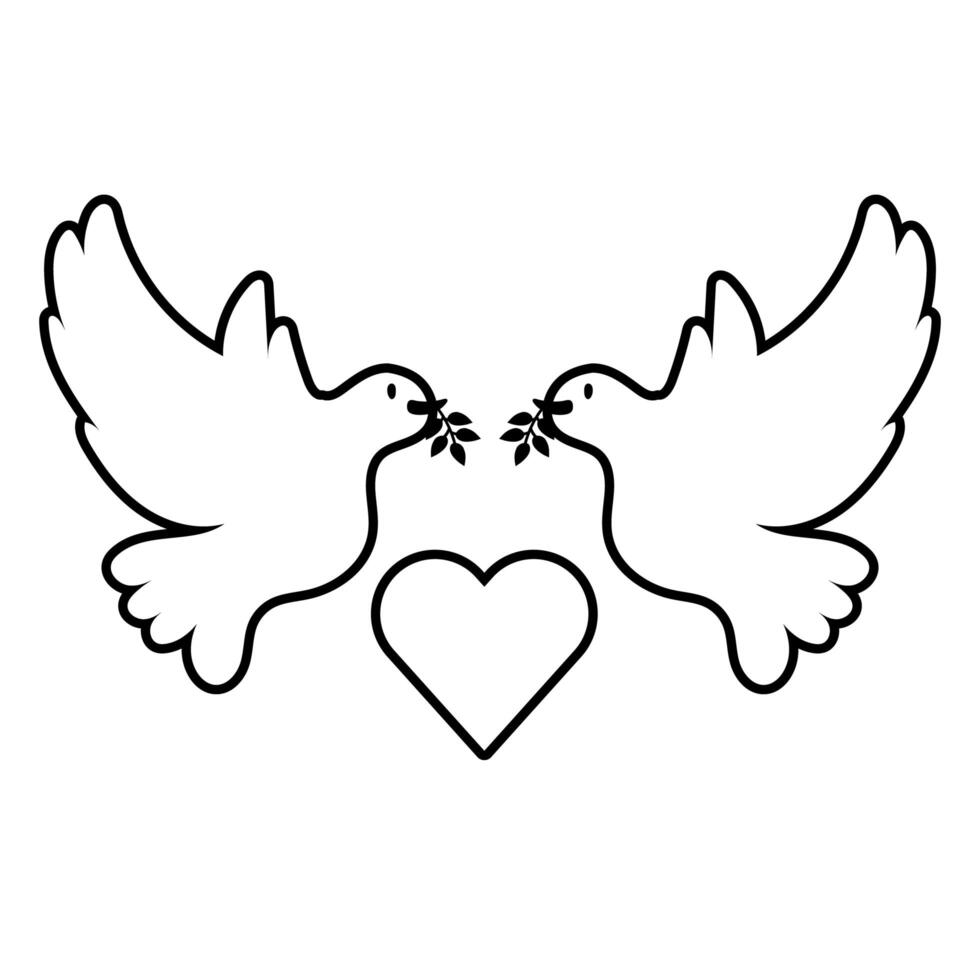 doves birds flying with heart line style icon vector