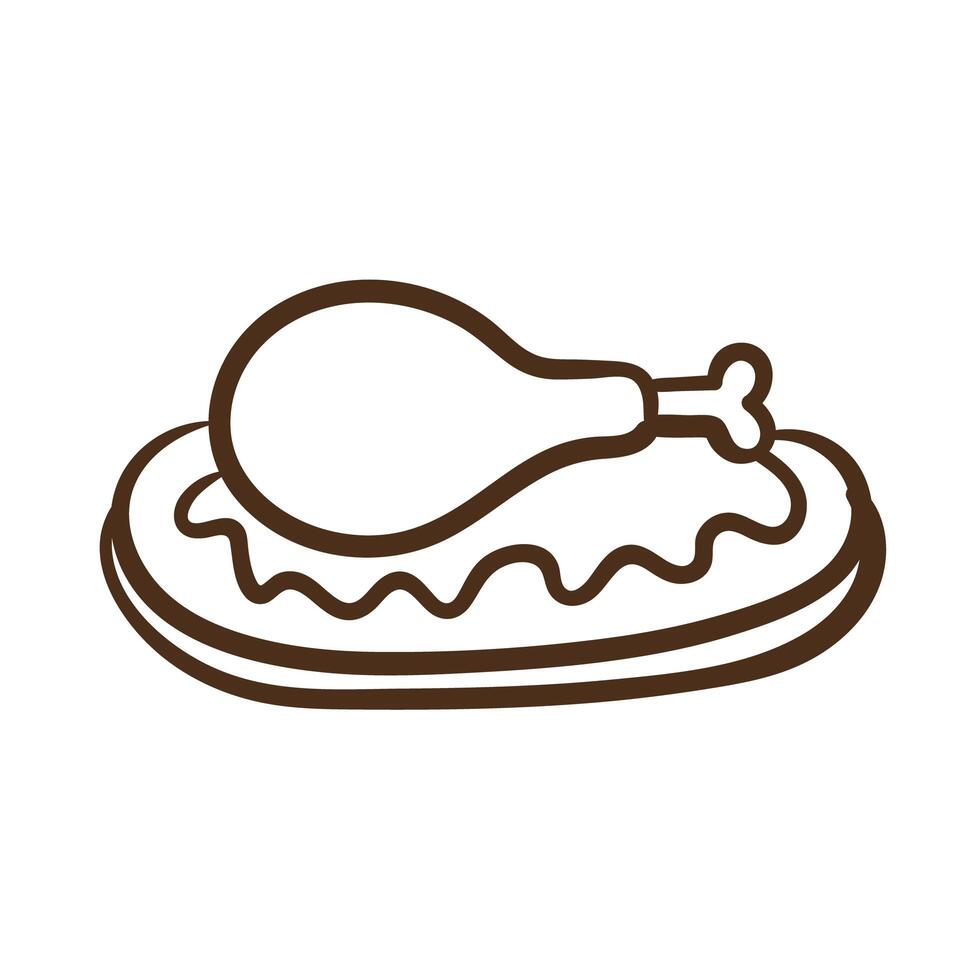 dish with delicious turkey thigh meat line style icon vector