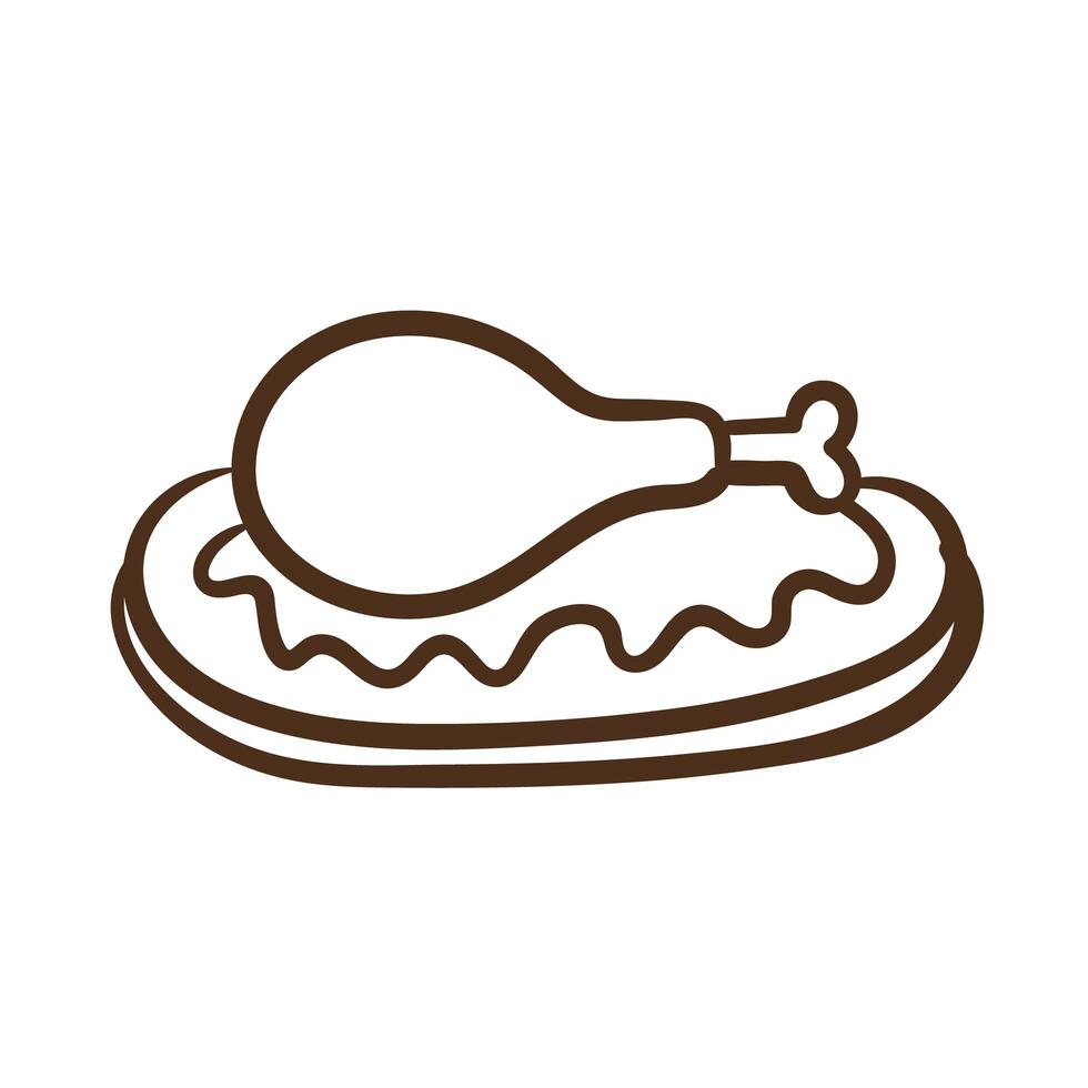 dish with delicious turkey thigh meat line style icon vector