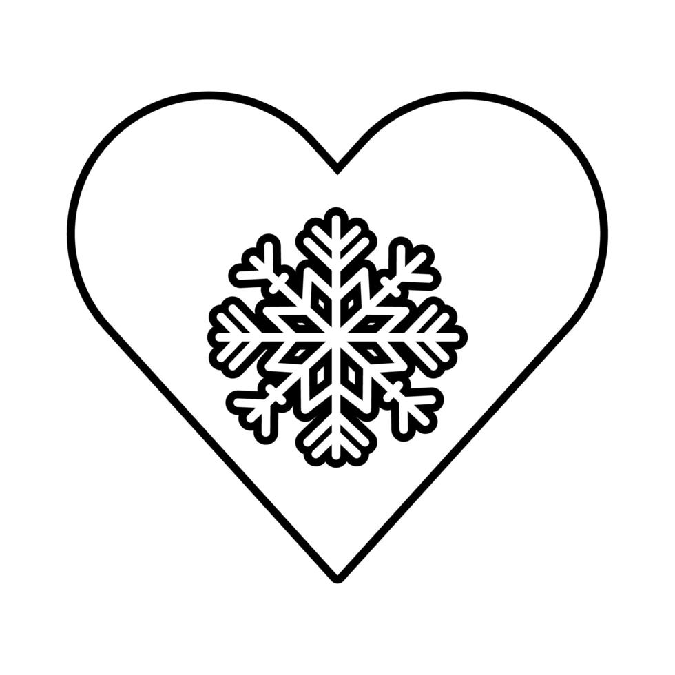 feliz feliz navidad corazón con icono de estilo de línea de copo de nieve vector