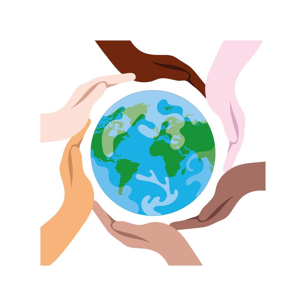 interracial hands around of earth planet vector