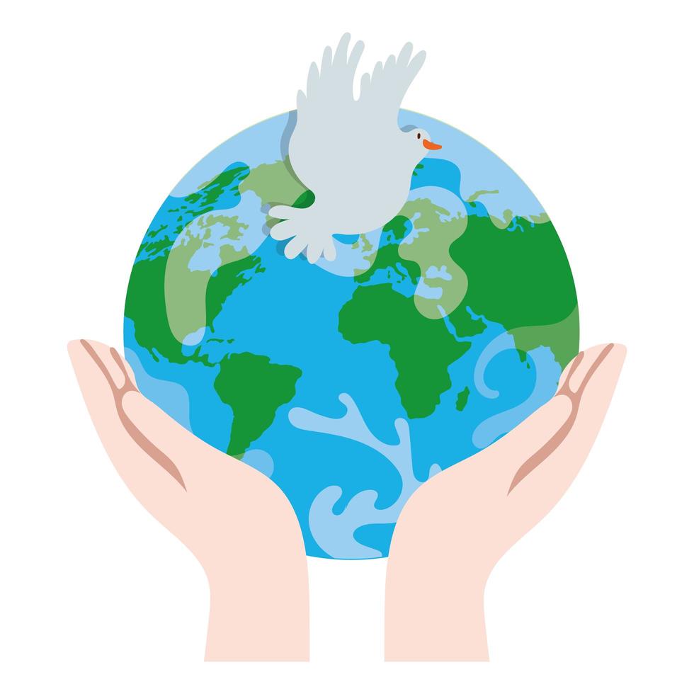 hands lifting earth planet and dove bird flying vector