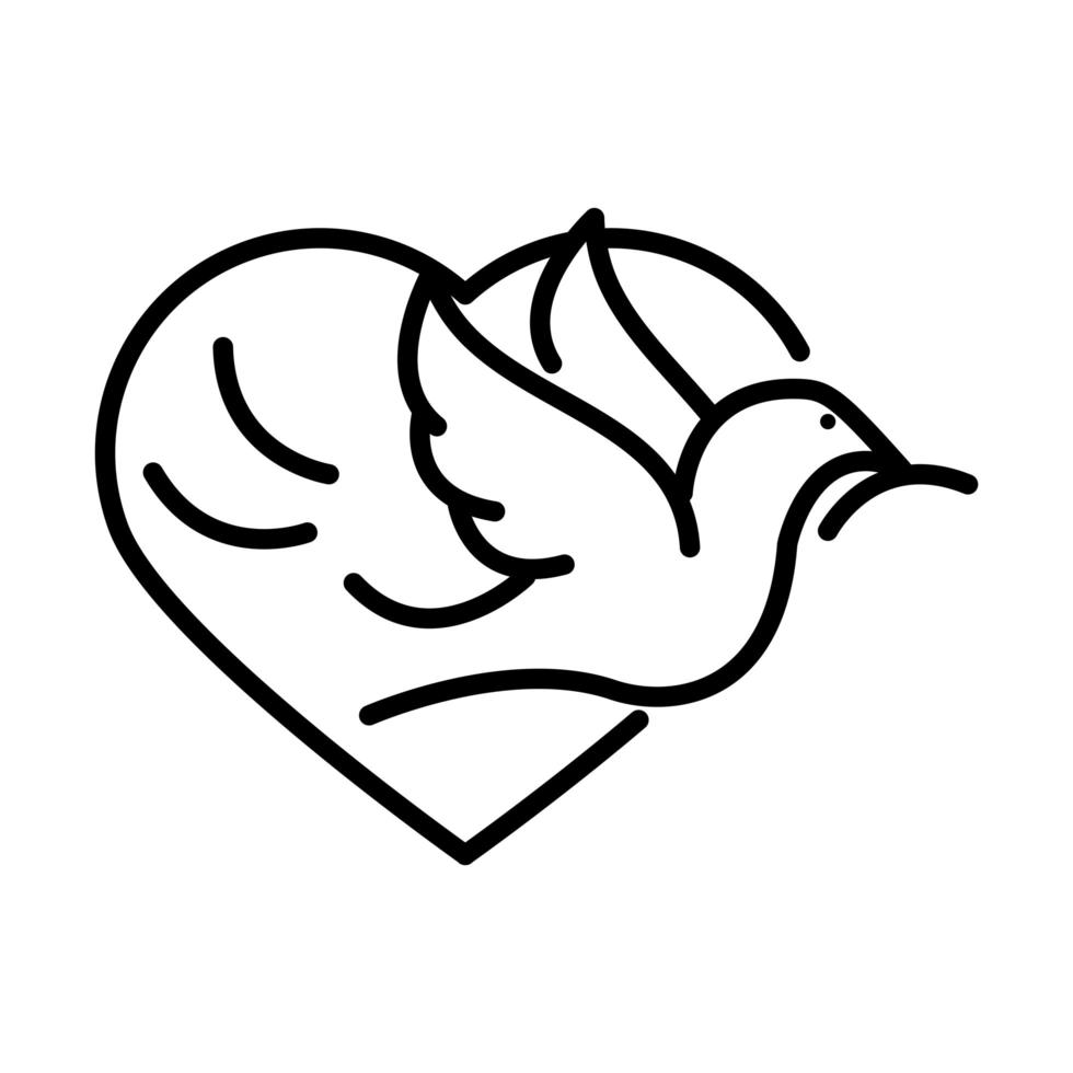 Paloma con rama corazón amor diseño de icono de línea de día de derechos humanos vector