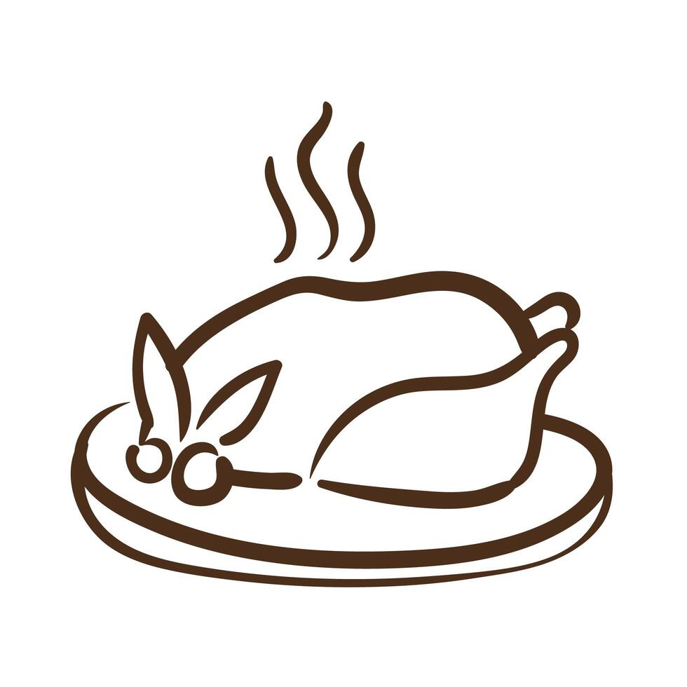 dish with delicious turkey thanksgiving food line style icon vector