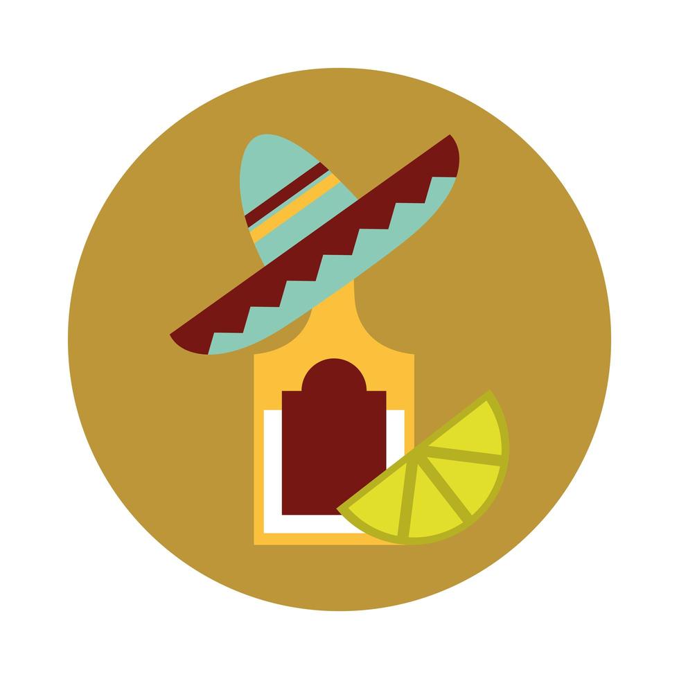 botella de tequila mexicano sombrero y limón bloque tradicional e icono plano vector