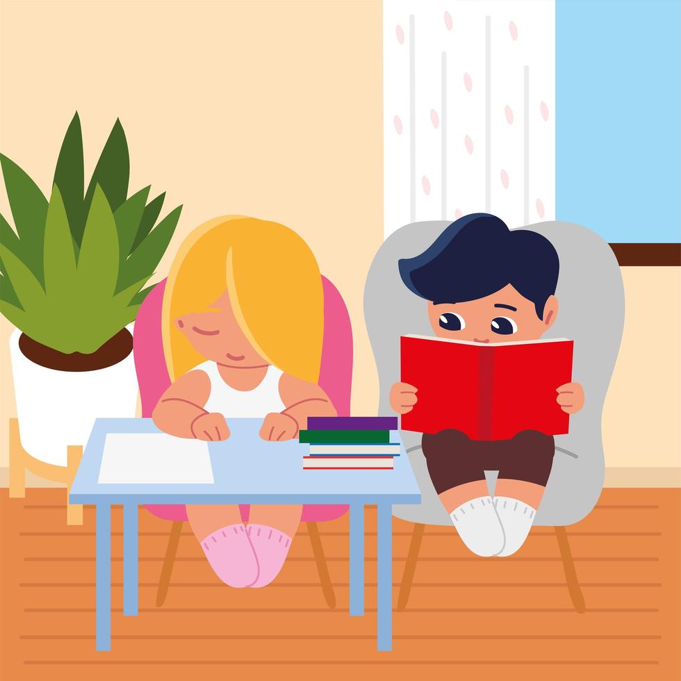 girl and boy with books on chair vector