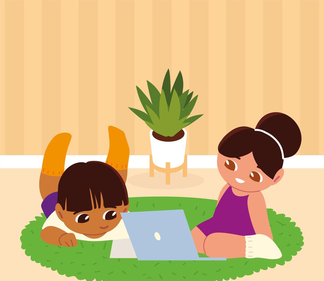 girl and boy with laptop vector