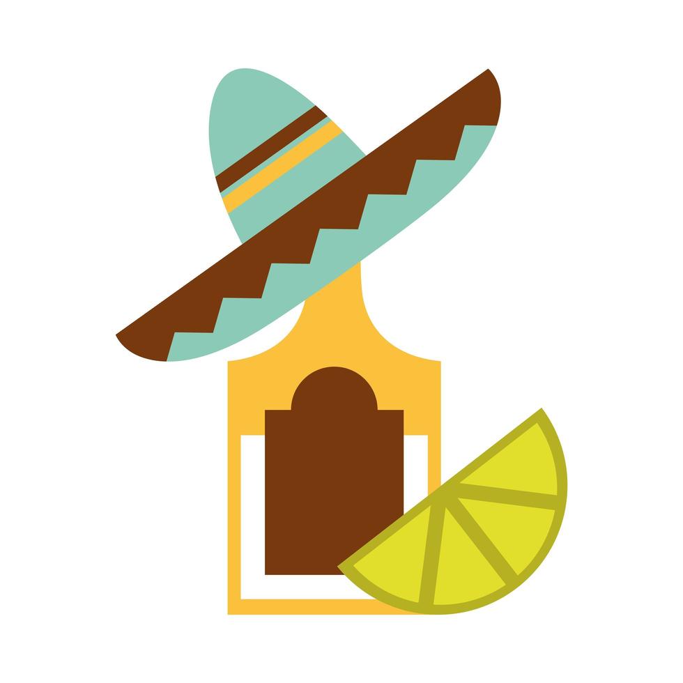 botella de tequila mexicano sombrero y limón icono plano tradicional vector