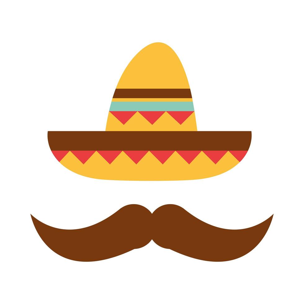 sombrero mexicano bigote ropa cultura popular icono plano tradicional vector