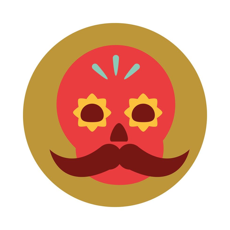 mexicano, rojo, cráneo, floral, y, bigote, decoración, ornamento, bloque, y, plano, icono vector