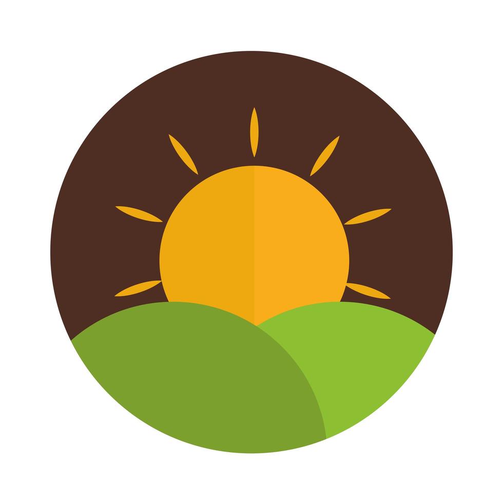 paisaje, montañas, sol, naturaleza, bloque, y, plano, icono vector