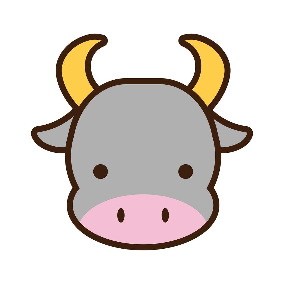 lindo toro kawaii línea animal y estilo de relleno vector