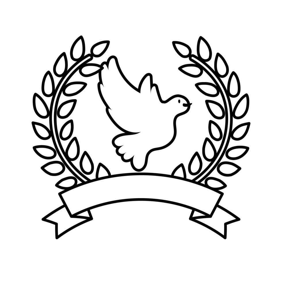 dove bird flying in wreath crown line style icon vector