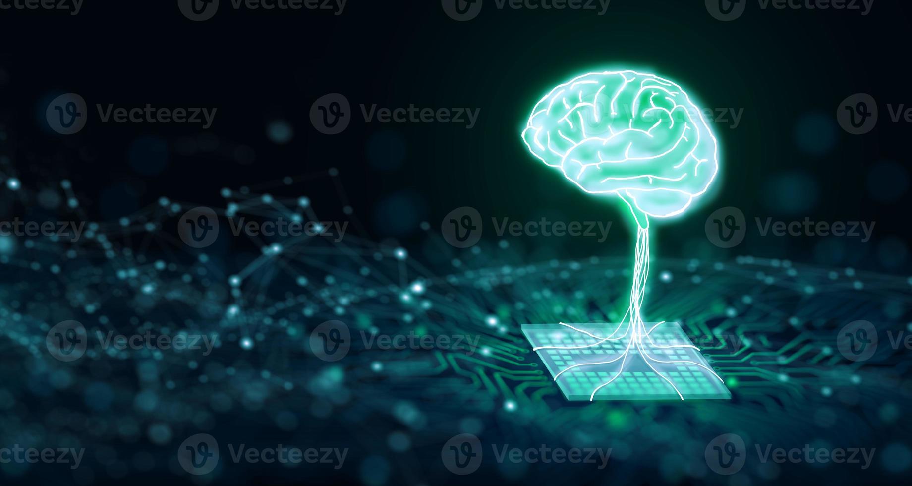 ai chipset con cerebro humano en placa de circuito de computadora. concepto de cpu ai. Representación 3D. foto