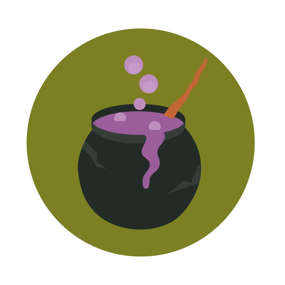 happy halloween cauldron with potion spell trick or treat party celebration flat and block icon vector