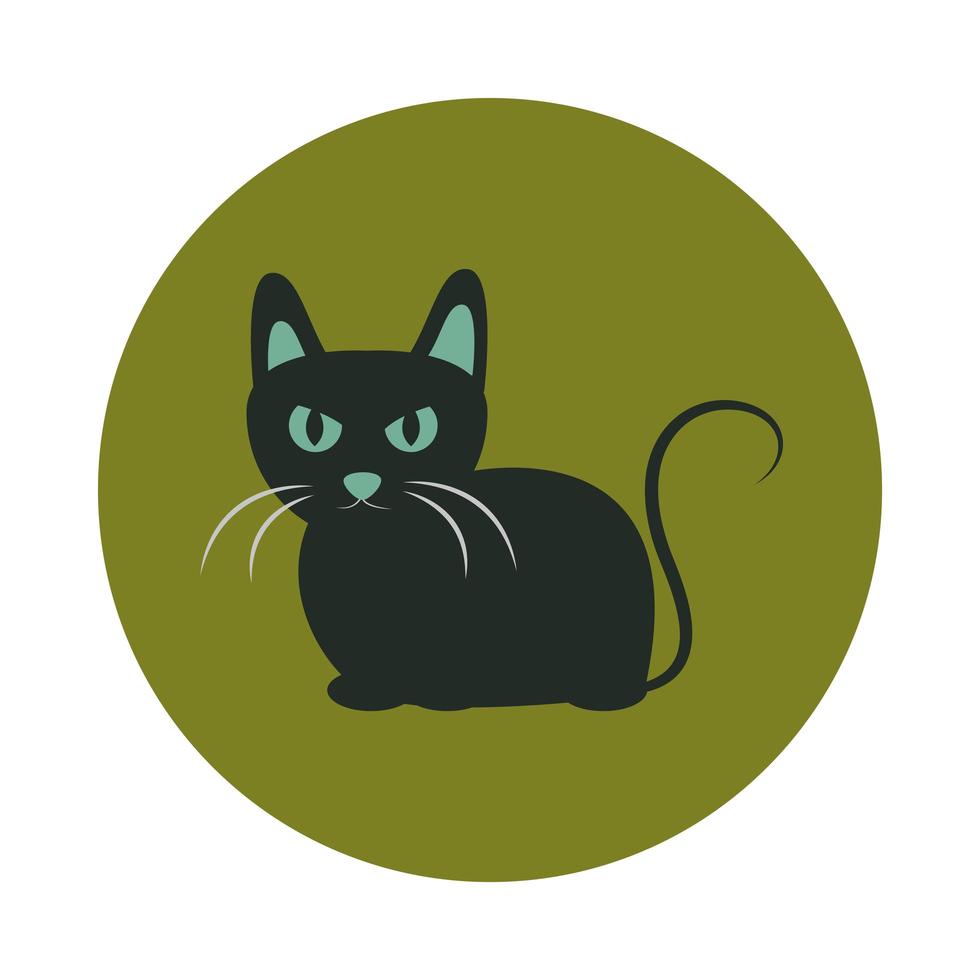 gato negro con ojos y orejas icono de bloque y plano de dibujos animados de animales verdes vector