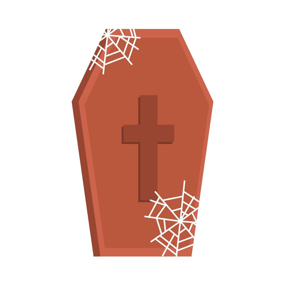 Feliz Halloween ataúd de madera telaraña truco o trato celebración de fiestas diseño de icono plano vector