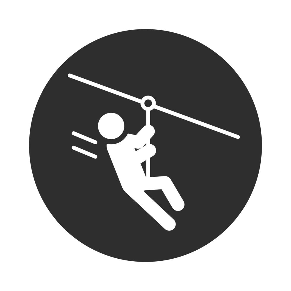 Hombre de deporte extremo deslizándose por un bloque de estilo de vida activo de tirolina y un icono plano vector