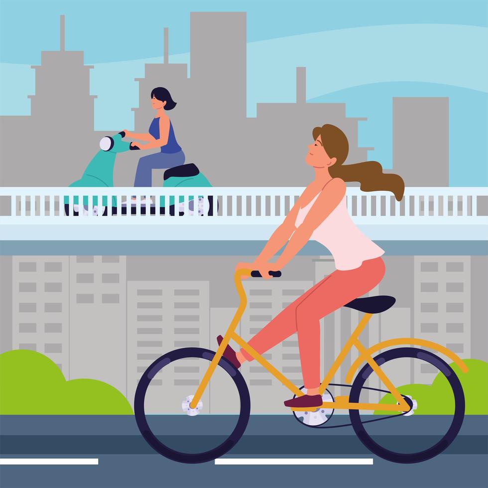 women on bike and motorbike vector