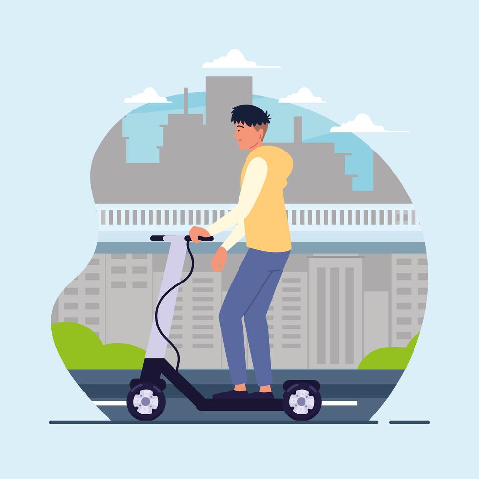 guy riding kick scooter vector
