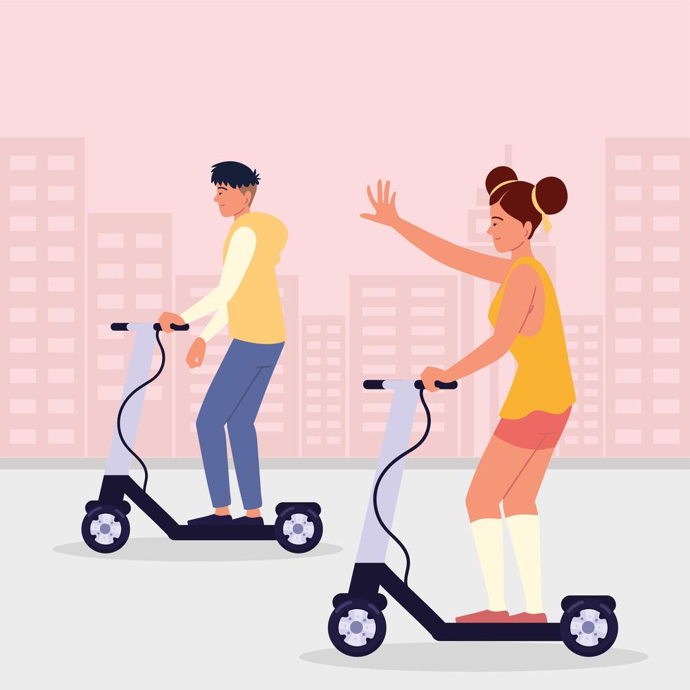 hombre mujer en scooter electrico vector