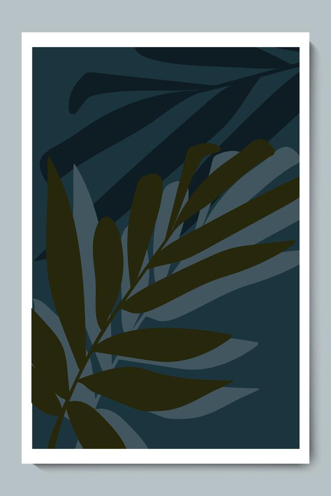 cartel de vector de arte de pared oscuro botánico sombra minimalista follaje verde y azul con fondo nocturno