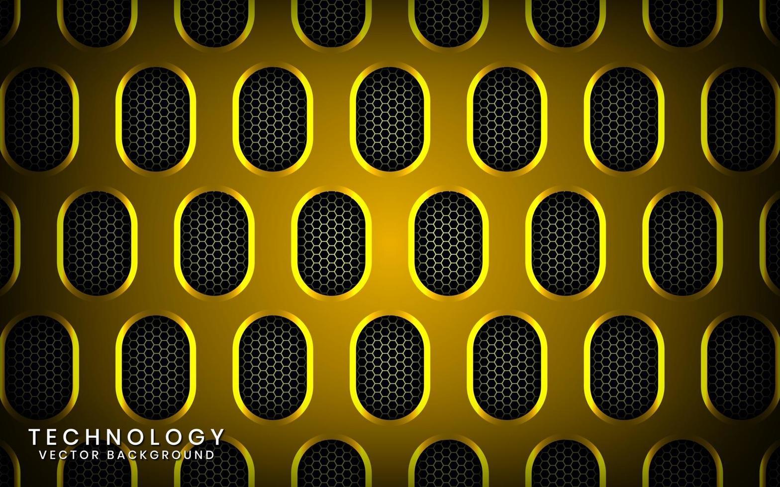 Abstract 3D yellow technology background with shiny effect. Overlap layers on dark space with textured metallic oval patterns. Graphic design template elements for poster, flyer, brochure, or banner vector